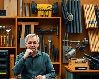 compassionate faq assistance, understanding expression, demonstrating with hands, photorealistic, compact workshop with tools and gadgets, highly detailed, muffled machinery sounds, fine textures, warm wood tones, spotlight lighting, shot with a 28mm lens.