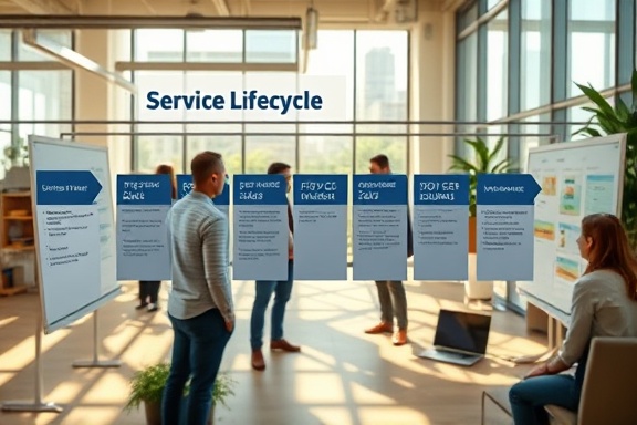 comprehensive service lifecycle, comprehensive, summarizing stages, photorealistic, open-design office landscape with project boards, highly detailed, group discussing lifecycle phases, timeline visuals, earth tones, ambient sunlight, shot with a tilt-shift lens.