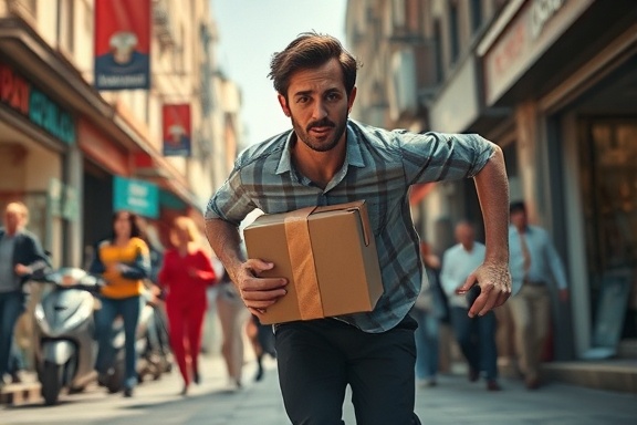 rushing courier, intense, sprinting through a crowded street, photorealistic, urban landscape with busy shops and people, highly detailed, sweat droplets in the air, high resolution textures, vibrant reds and blues, afternoon sunlight, shot with a wide-angle lens.
