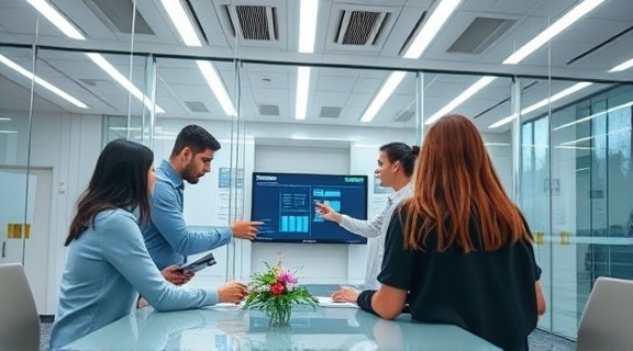 organized service management, precise, planning tasks, photorealistic, meeting room with glass walls and digital screens, highly detailed, team reviewing data, clear graphical representations, neutral colors, LED ceiling lights, shot with a telephoto lens.