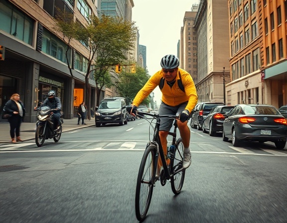 urgent bicycle messenger, focused, weaving through traffic, photorealistic, inner-city road with traffic lights and fellow cyclists, highly detailed, dynamic movement of wheels and body posture, high definition clarity, bright yellows and oranges, natural light illuminating scene, shot with a fisheye lens.