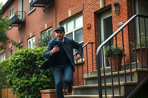 priority mailman, concentrated, rushing up apartment steps, photorealistic, residential building with green plants and red bricks, highly detailed, raindrops in the air indicating speed, sharp and vivid textures, earthy tones, overcast lighting enhancing the rush, shot with a prime lens.