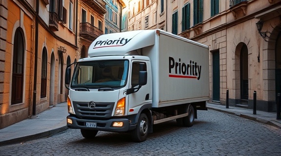 priority delivery truck, urgent, navigating through narrow streets, photorealistic, winding roads with old town architecture and cobblestones, highly detailed, reflections of architecture in truck's windows, high resolution imagery, rich colors, golden hour lighting, shot with a 24-70mm lens.