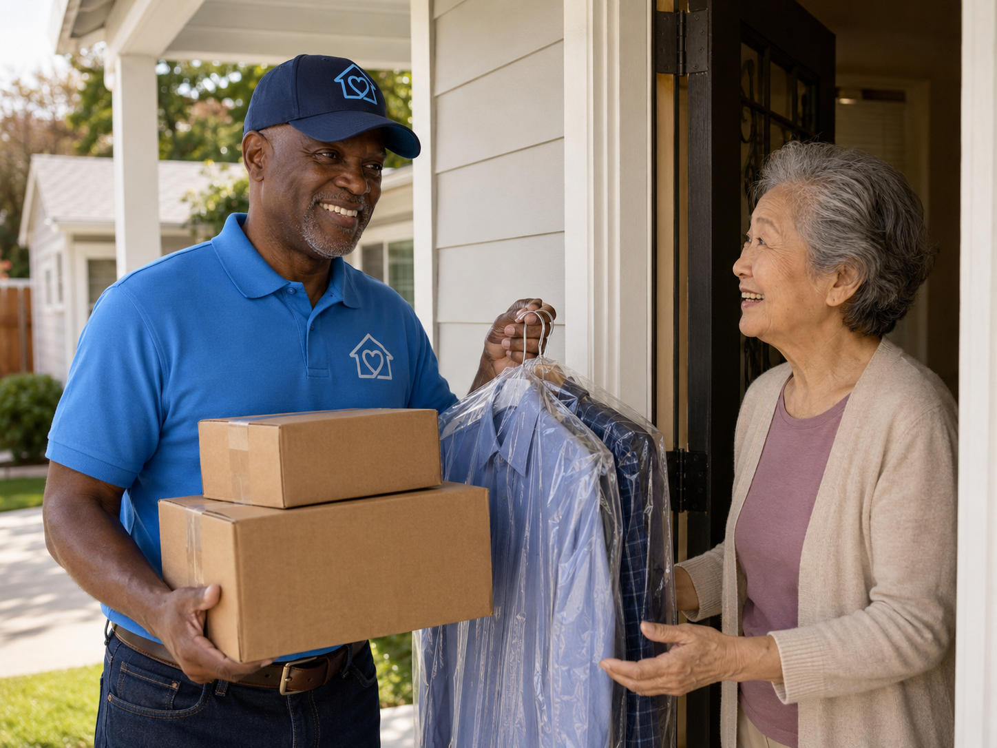 stockton senior errand and courier service brad providing personal service delivering drying cleaning to an elderly woman