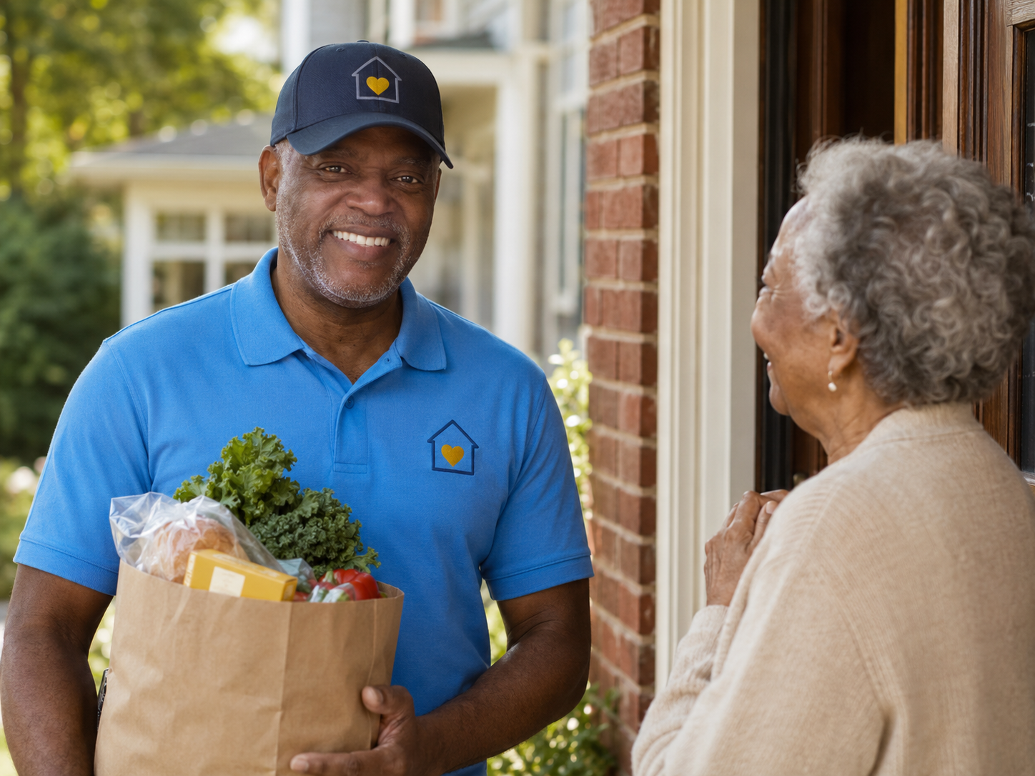stockton senior errand and delivery service brad delivering groceriestive expression, delivering a package, photorealistic, suburban neighborhood street, highly detailed, moving car in background, crisp details, warm tones, natural daylight, shot with a 50mm lens.