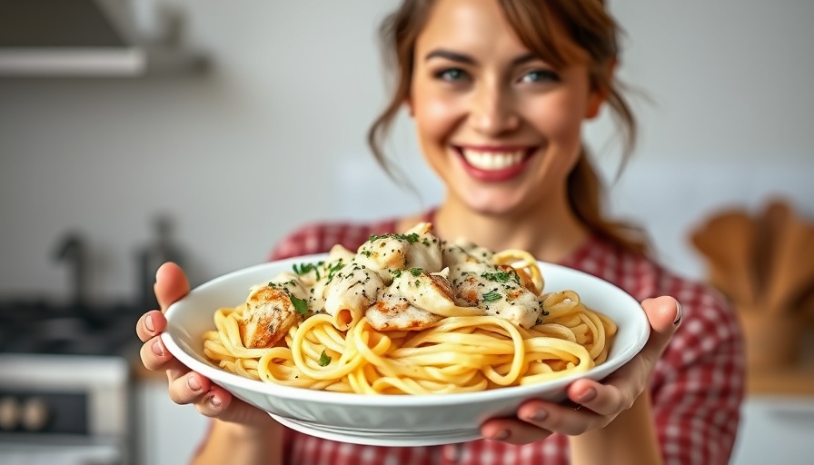 Woman holding creamy chicken fettuccine Alfredo in bright kitchen.