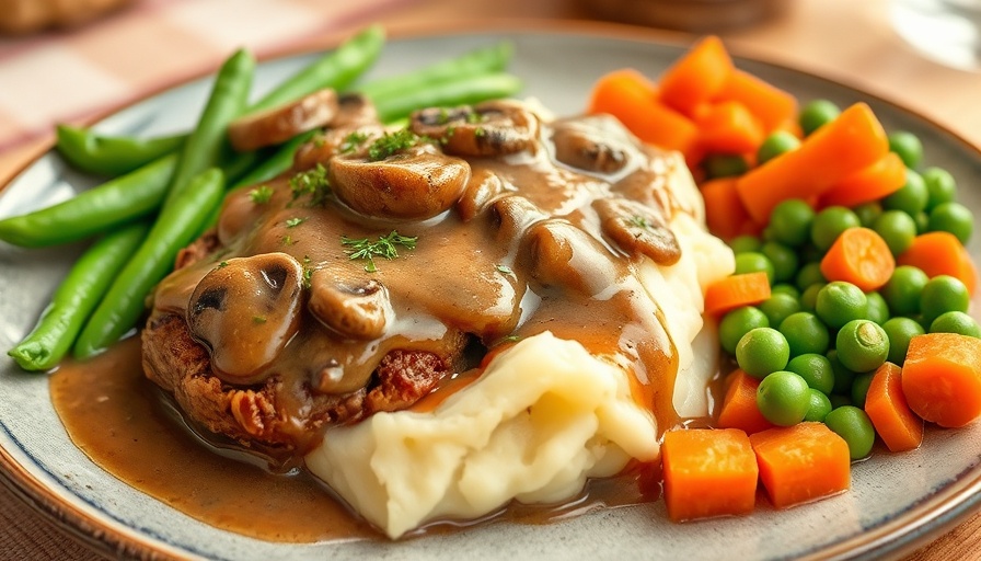 Mushroom Salisbury steak with mashed potatoes and peas on a plate.