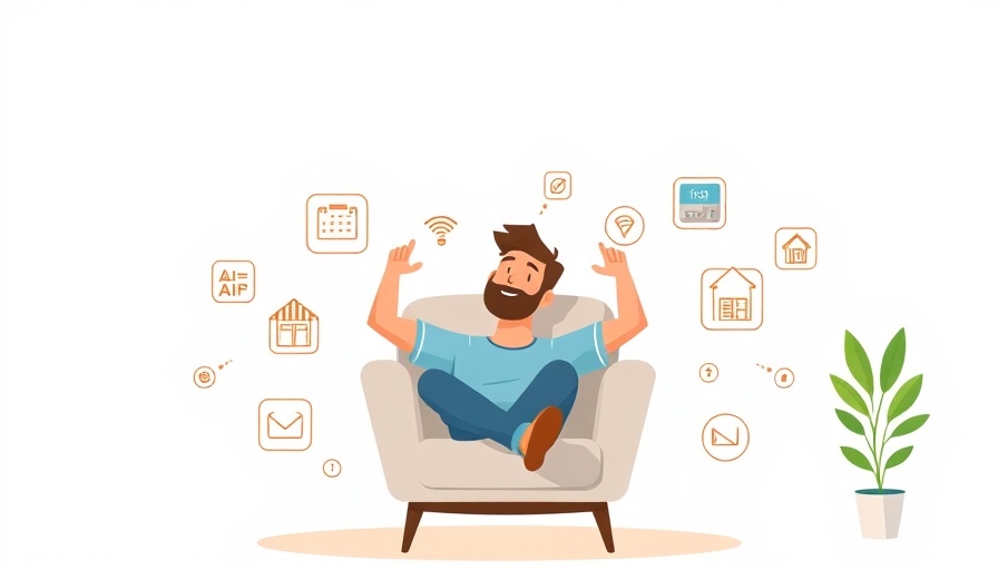 Home Automation illustration with relaxed man and tech icons.