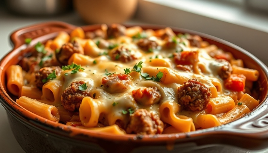 Easy Hamburger Pasta Bake close-up with melted cheese