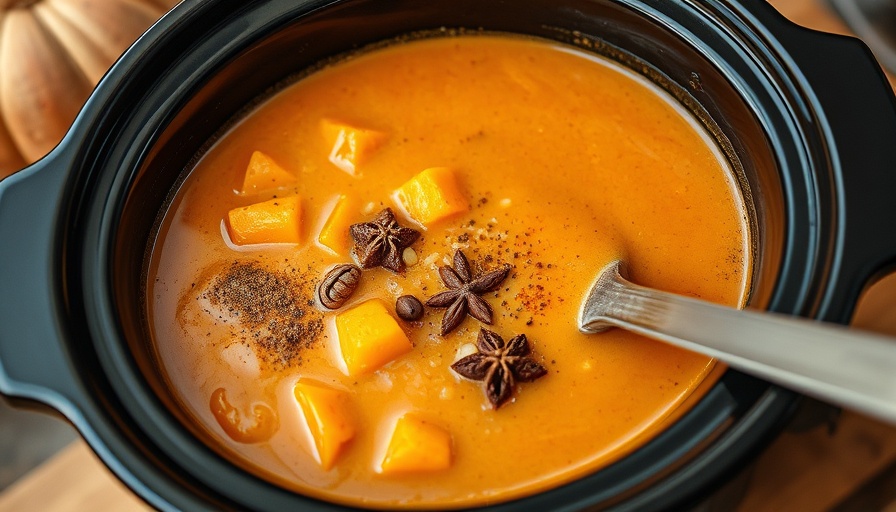Ingredients for slow cooker pumpkin soup being mixed.