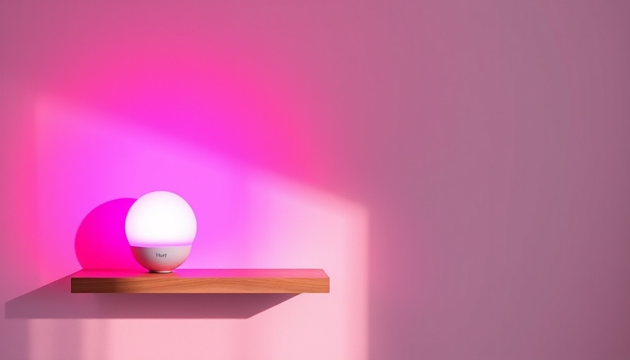 Philips Hue Play Wall Washer emitting pink light on a wooden shelf.