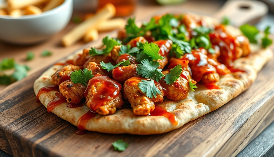 BBQ chicken flatbread recipe with toppings on a wooden board.