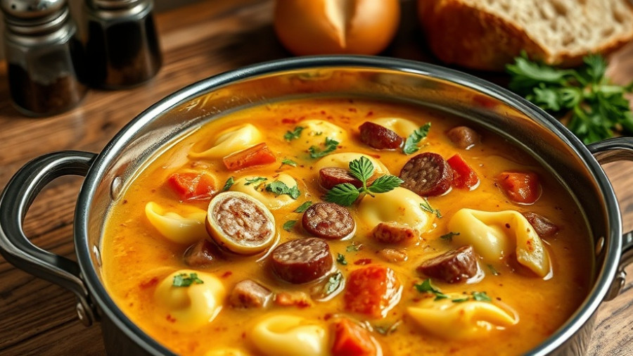 Hearty creamy tortellini soup in a pot with sausage and vegetables.