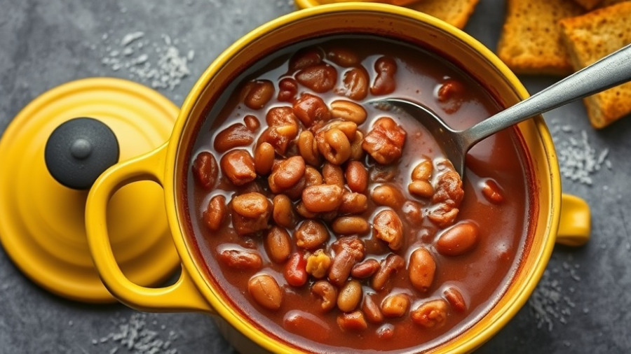 Hearty pork and beans recipe with cornbread slices.
