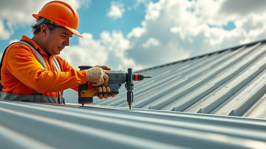 Focused worker installing metal roofing in Southeast Michigan.