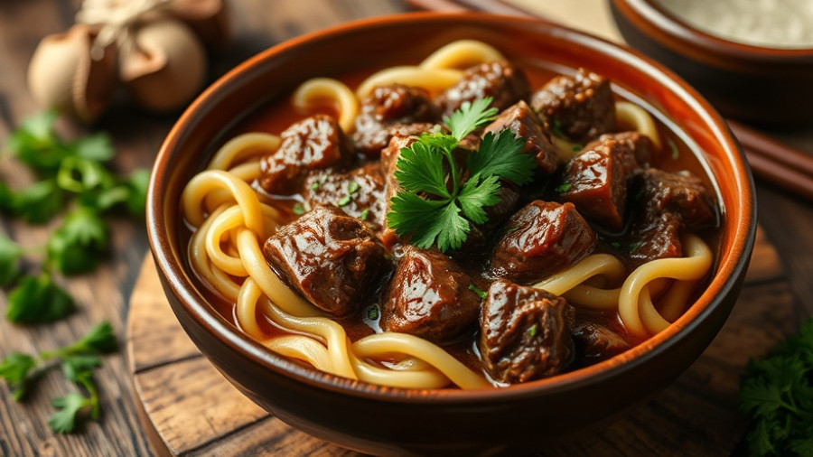 One-pot beef and noodles garnished with parsley in a bowl.