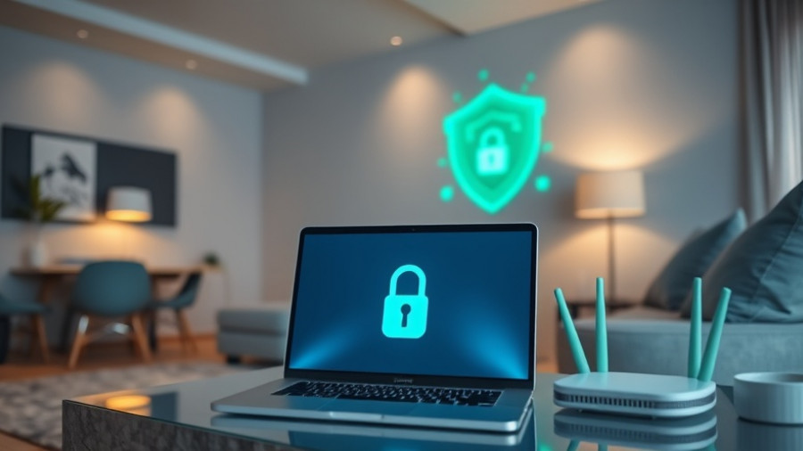 Cybersecurity checkup setup with laptop and router in living room.