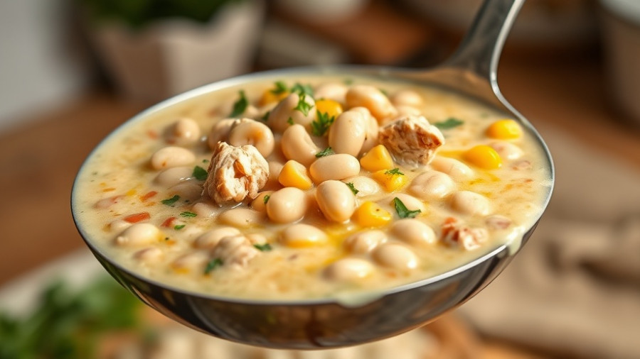Creamy white bean turkey chili steaming in a ladle
