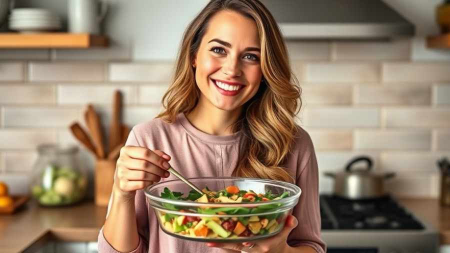 Woman showcasing freezer meal prepping in a kitchen setting.