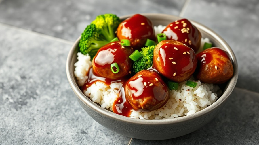 Teriyaki meatballs served with rice, broccoli, sesame seeds.