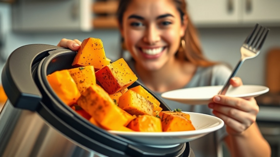 Instant Pot Sweet Potatoes with a happy woman holding a plate.