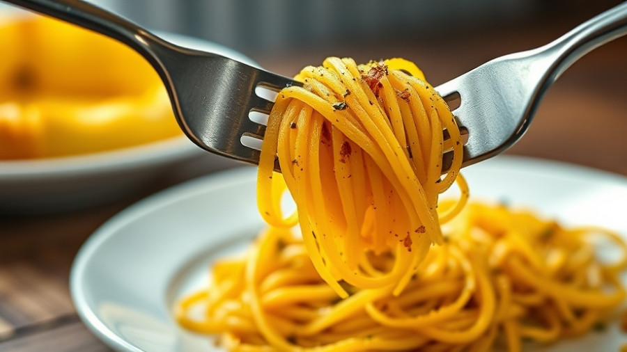 Baked spaghetti squash with fork on a plate, showcasing vibrant texture.