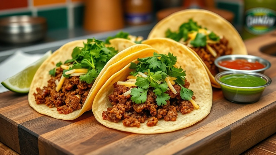 Ground beef street tacos with toppings and garnishes.