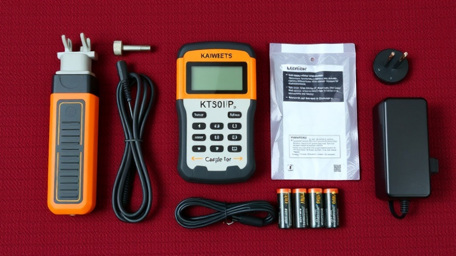 KAIWEETS KT301P Circuit Breaker Finder with accessories against red texture.