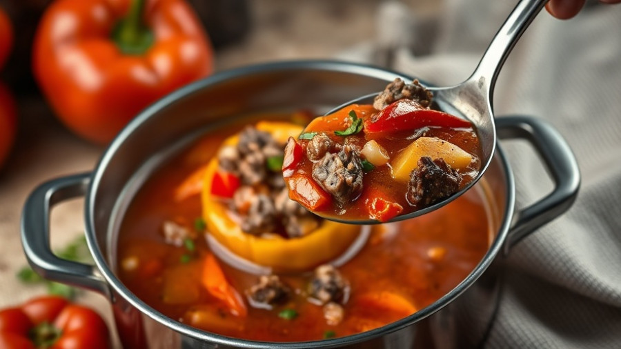 Delicious stuffed pepper soup recipe in a pot with ladle.