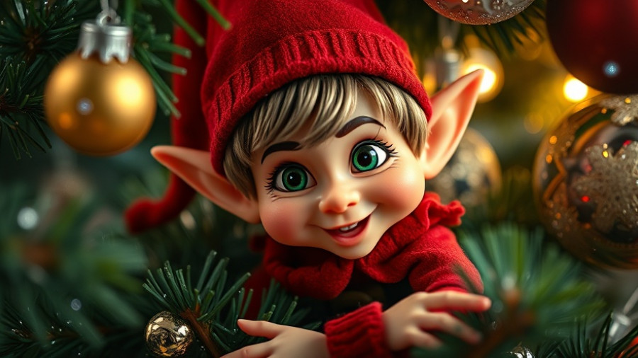 Elf on a Shelf hiding spot in a Christmas tree, playful decoration.