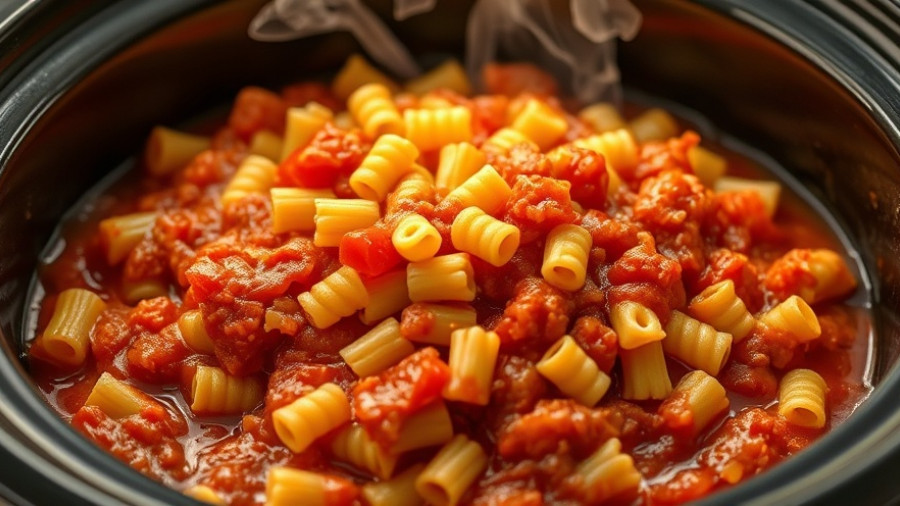 Crockpot pizza pasta recipe with uncooked rotini and tomato sauce.