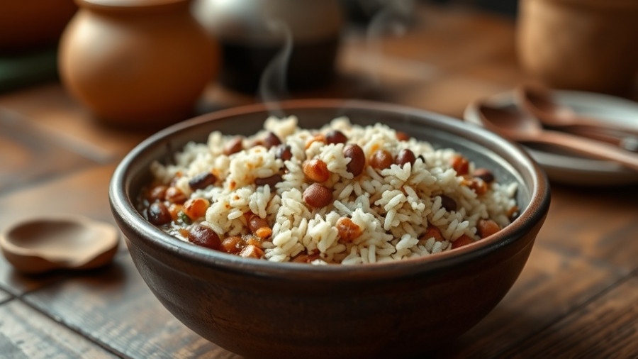 Appetizing rice and beans dish with text overlay.