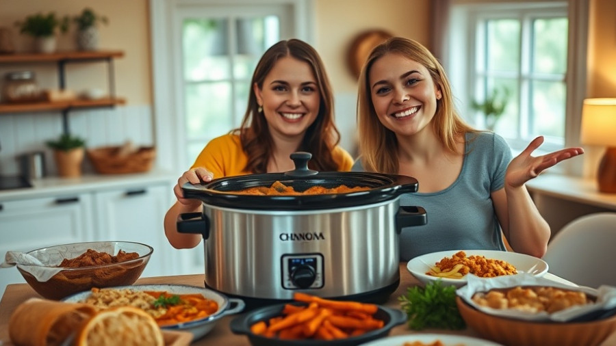 Women showcasing Crockpot dinners with vibrant dishes.