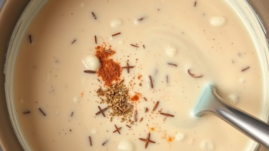 Mixing bowl with cream of mushroom soup ingredients for easy green bean casserole recipe.