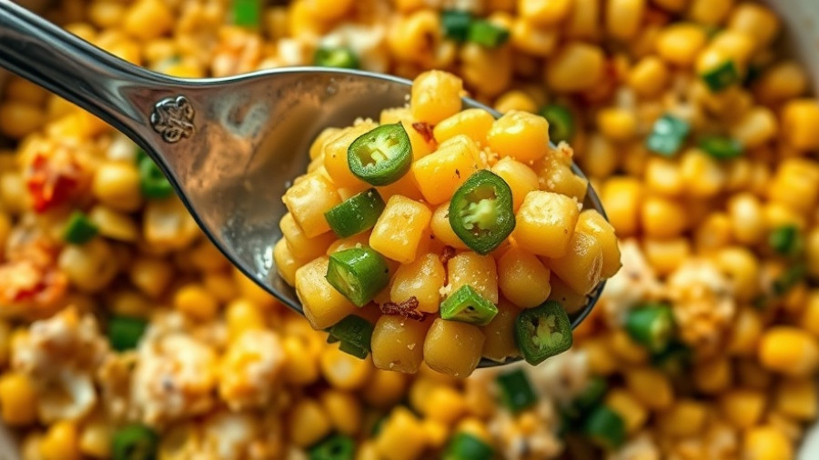 Close-up of cheesy corn with jalapeños being added, best cheesy corn recipe.