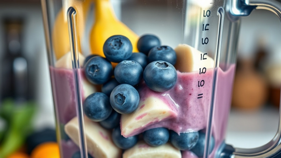 Ingredients for a blueberry smoothie recipe in blender.