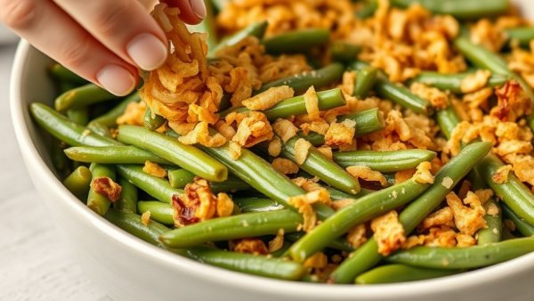 Best Green Bean Casserole Ever with crispy onions being added in a close-up.