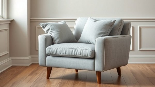 Modern light grey chair with cushions in a cozy room setting.