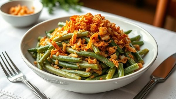 Instant Pot green bean casserole with crispy onions in a white bowl.