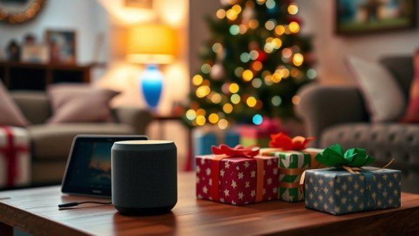 Smart home gifts in a festive living room setting.
