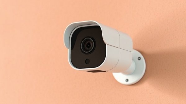 Modern security camera for AI-powered home automation on peach background.