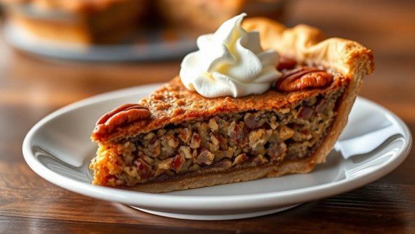 Slice of pecan pie with whipped cream and pecans on a plate, easy pecan pie recipe.