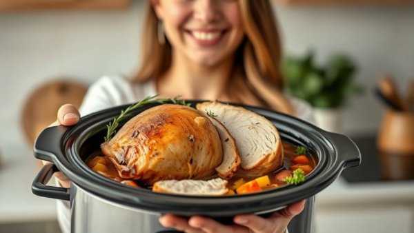 Woman showcasing crock pot turkey breast with herbs.