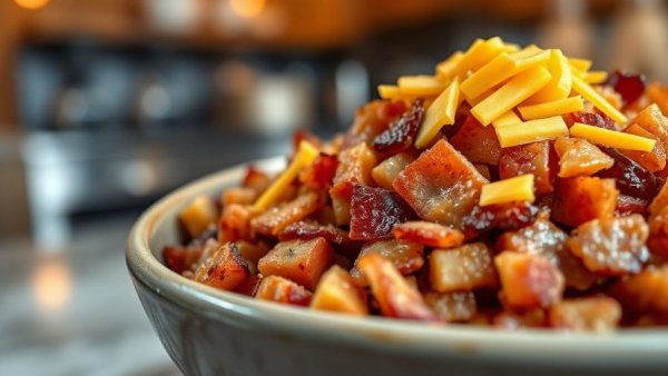 Easy Cheesy Potato Recipe ingredients with bacon and cheese.