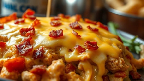 Close-up of a cheesy chicken bake with bacon.