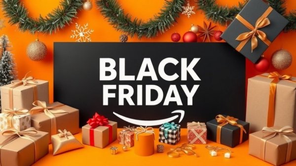 Amazon Black Friday Sale 2025 vibrant display with gift boxes and decorations.