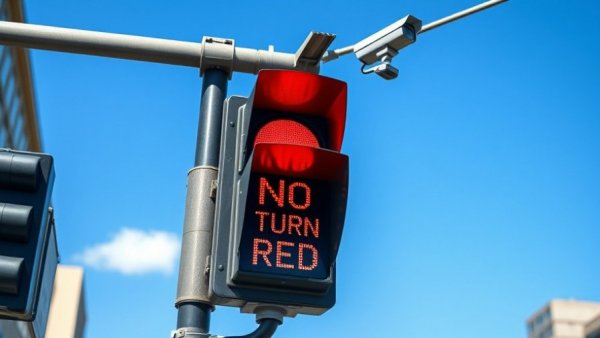 Traffic light showing red with 'No Turn On Red' sign, under blue sky.