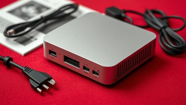 Beelink EQi13 Pro Mini PC with accessories on a red surface.