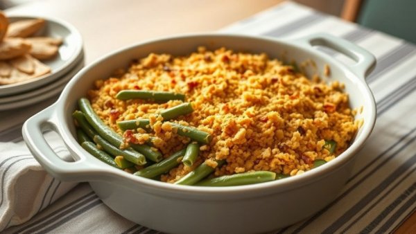 Easy Green Bean Casserole fresh from oven in white casserole dish.