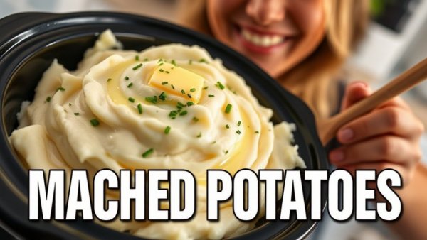 Crock-Pot mashed potatoes with butter and chives, woman smiling.